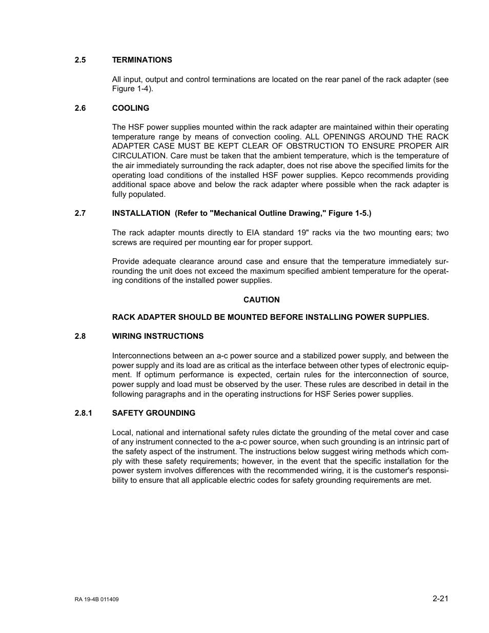 5 terminations, 6 cooling, 7 installation | 8 wiring instructions, 1 safety grounding, Terminations -21, Cooling -21, Installation -21, Wiring instructions -21, Safety grounding -21 | KEPCO RA 19-4B User Manual | Page 31 / 36