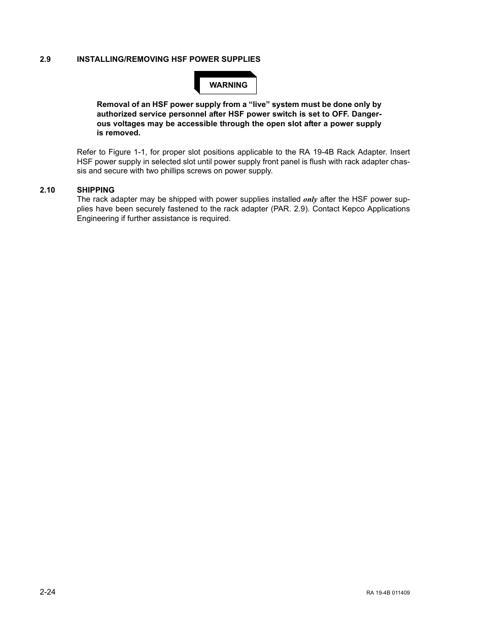9 installing/removing hsf power supplies, 10 shipping, Installing/removing hsf power supplies -24 | Shipping -24 | KEPCO RA 19-4B User Manual | Page 34 / 36