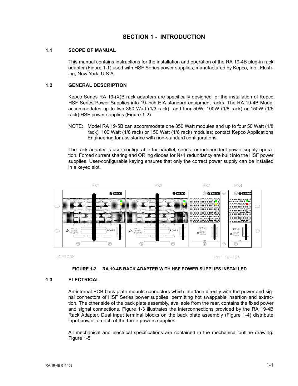 Section 1 - introduction, 1 scope of manual, 2 general description | 3 electrical, Scope of manual -1, General description -1, Electrical -1 | KEPCO RA 19-4B User Manual | Page 5 / 36