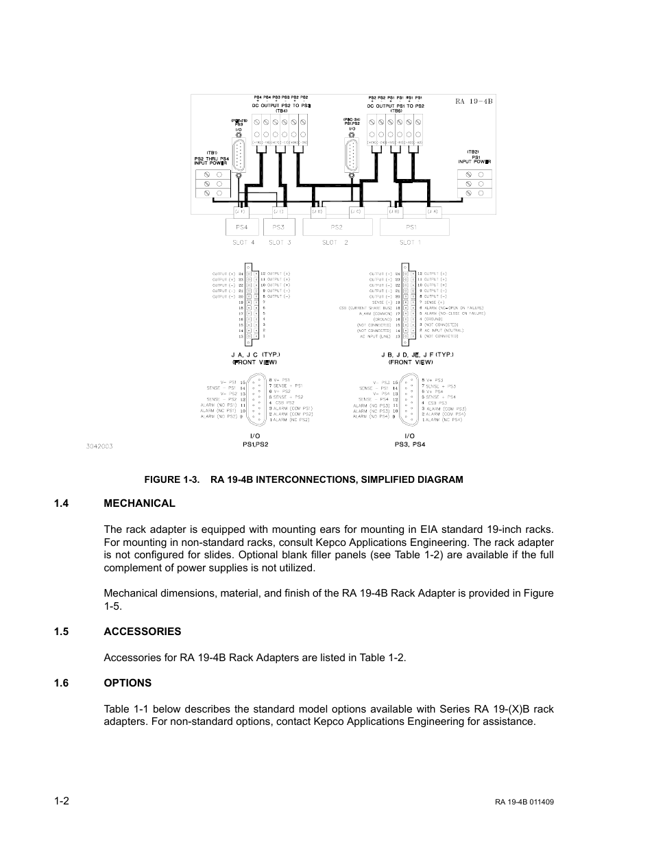 4 mechanical, 5 accessories, 6 options | Mechanical -2, Accessories -2, Options -2, Ra 19-4b interconnections, simplified diagram -2, Figure 1-3 illus | KEPCO RA 19-4B User Manual | Page 6 / 36