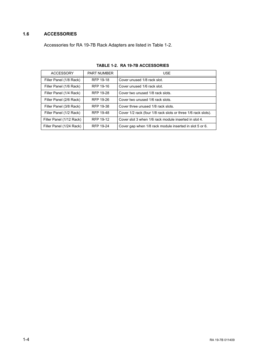 6 accessories, Table 1-2. ra 19-7b accessories, Accessories -4 | Ra 19-7b accessories -4, Ble 1-2 for filler, 2) are | KEPCO RA 19-7B Operator Manual User Manual | Page 10 / 40