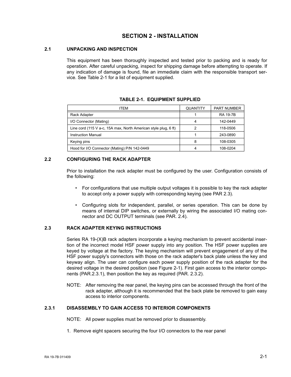 Section 2 - installation, 1 unpacking and inspection, Table 2-1. equipment supplied | 2 configuring the rack adapter, 3 rack adapter keying instructions, Unpacking and inspection -1, Configuring the rack adapter -1, Rack adapter keying instructions -1, Equipment supplied -1 | KEPCO RA 19-7B Operator Manual User Manual | Page 13 / 40