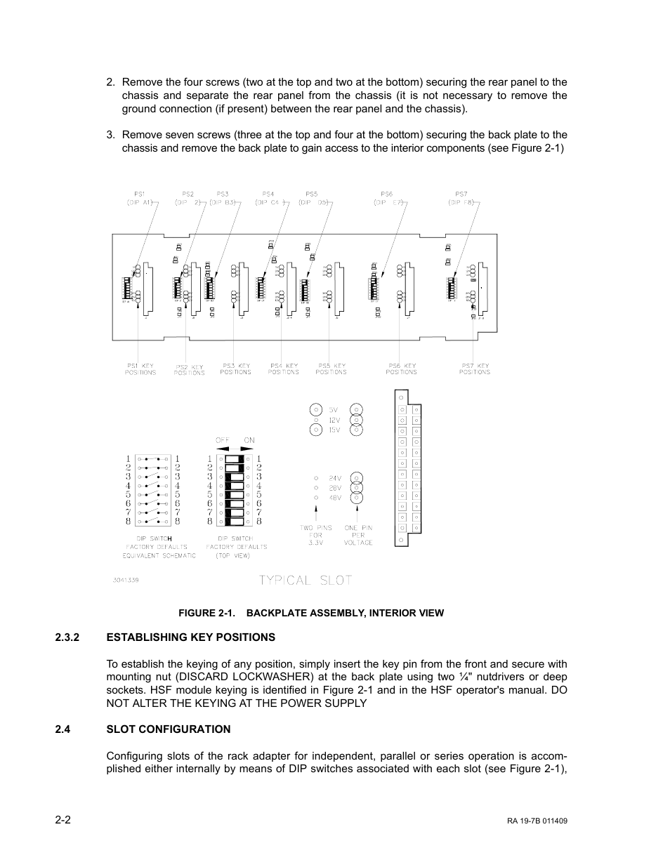 Figure 2-1. backplate assembly, interior view, 2 establishing key positions, 4 slot configuration | Establishing key positions -2, Slot configuration -2, Backplate assembly, interior view -2, R. 2.4), E 2-1), Ar. 2.3.2) | KEPCO RA 19-7B Operator Manual User Manual | Page 14 / 40