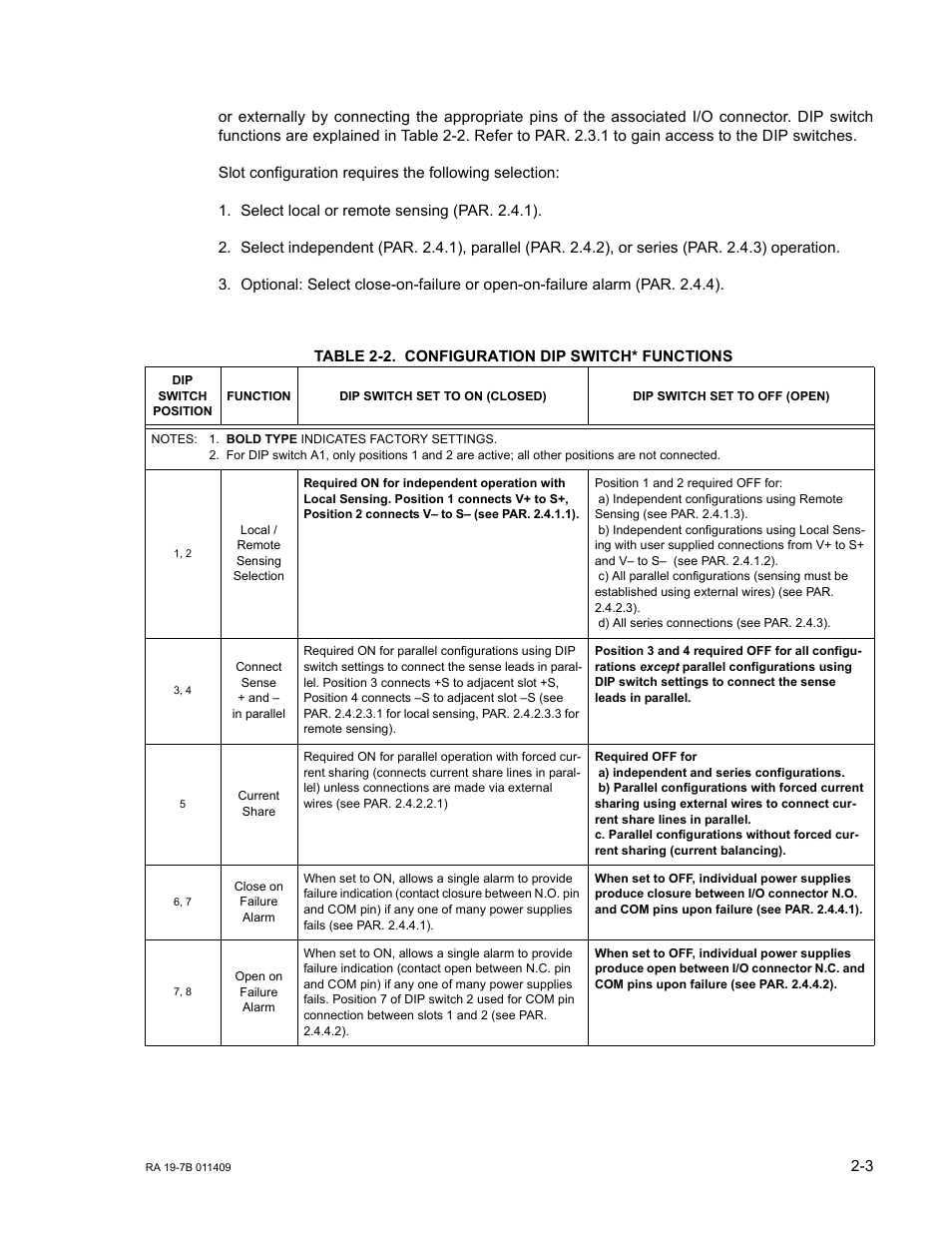 Table 2-2. configuration dip switch* functions, Configuration dip switch* functions -3 | KEPCO RA 19-7B Operator Manual User Manual | Page 15 / 40