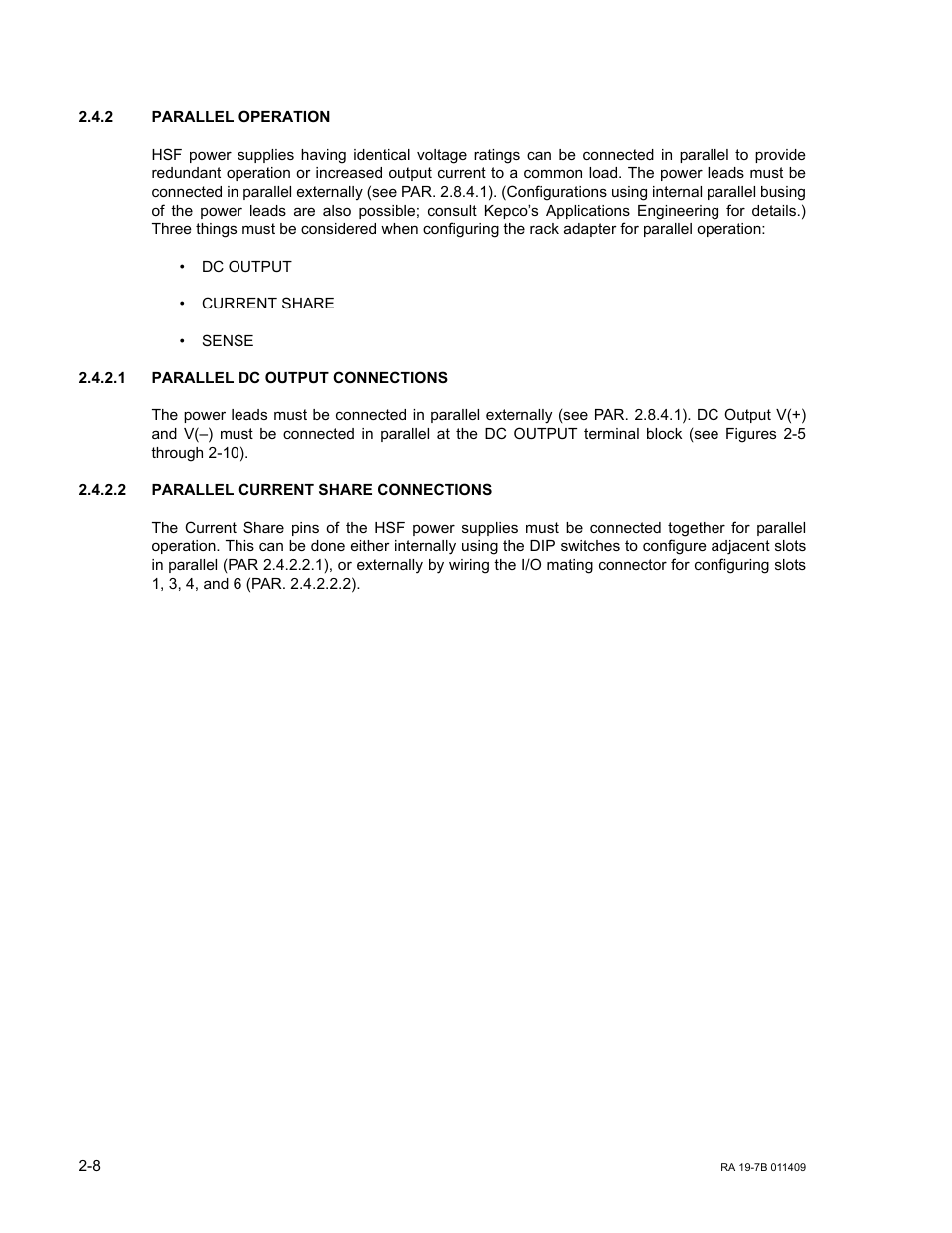2 parallel operation, 1 parallel dc output connections, 2 parallel current share connections | Parallel operation -8, Parallel dc output connections -8, Parallel current share connections -8 | KEPCO RA 19-7B Operator Manual User Manual | Page 20 / 40