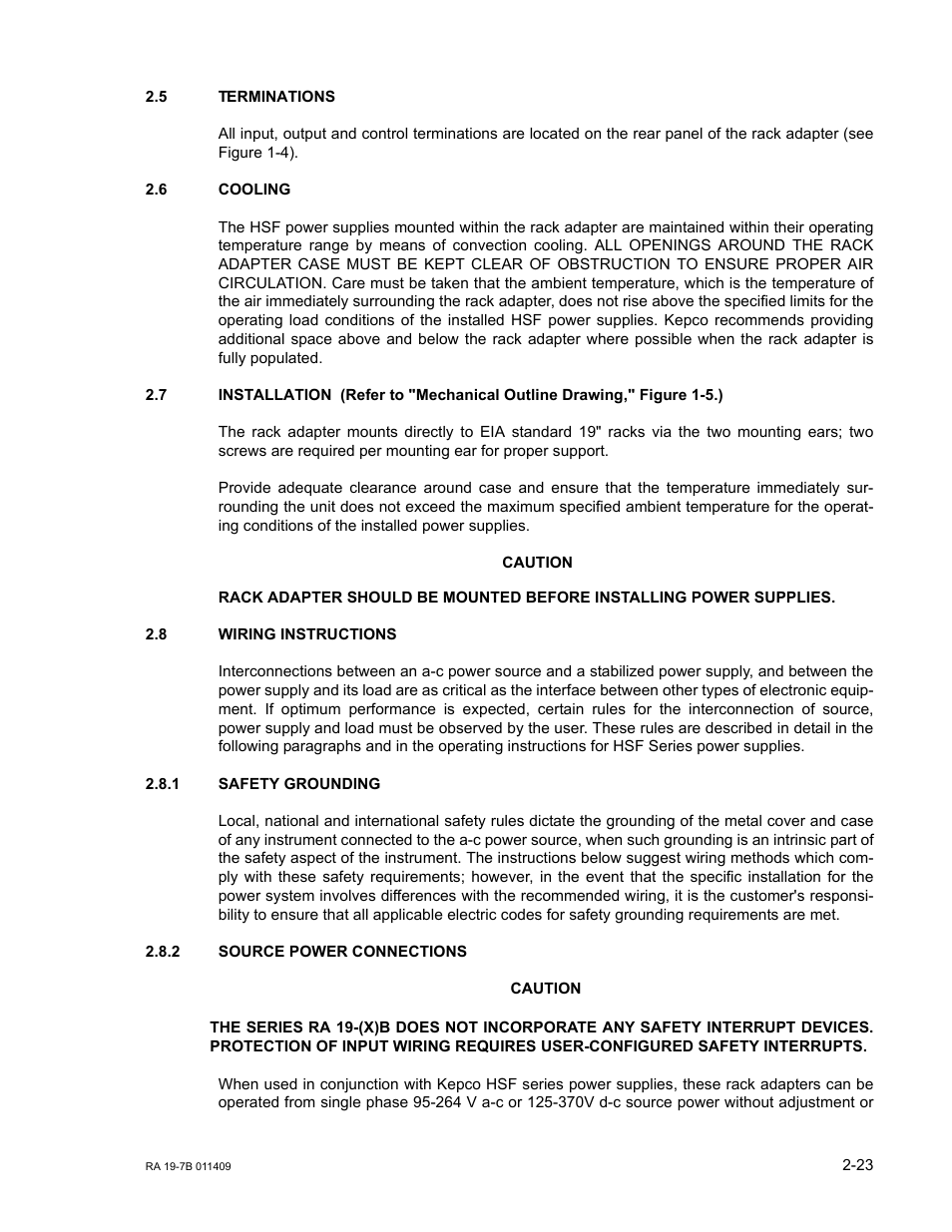 5 terminations, 6 cooling, 7 installation | 8 wiring instructions, 1 safety grounding, 2 source power connections, Terminations -23, Cooling -23, Installation -23, Wiring instructions -23 | KEPCO RA 19-7B Operator Manual User Manual | Page 35 / 40