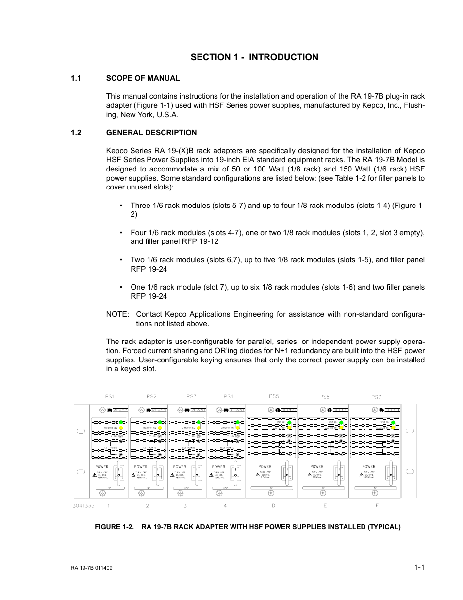 Section 1 - introduction, 1 scope of manual, 2 general description | Scope of manual -1, General description -1 | KEPCO RA 19-7B Operator Manual User Manual | Page 7 / 40