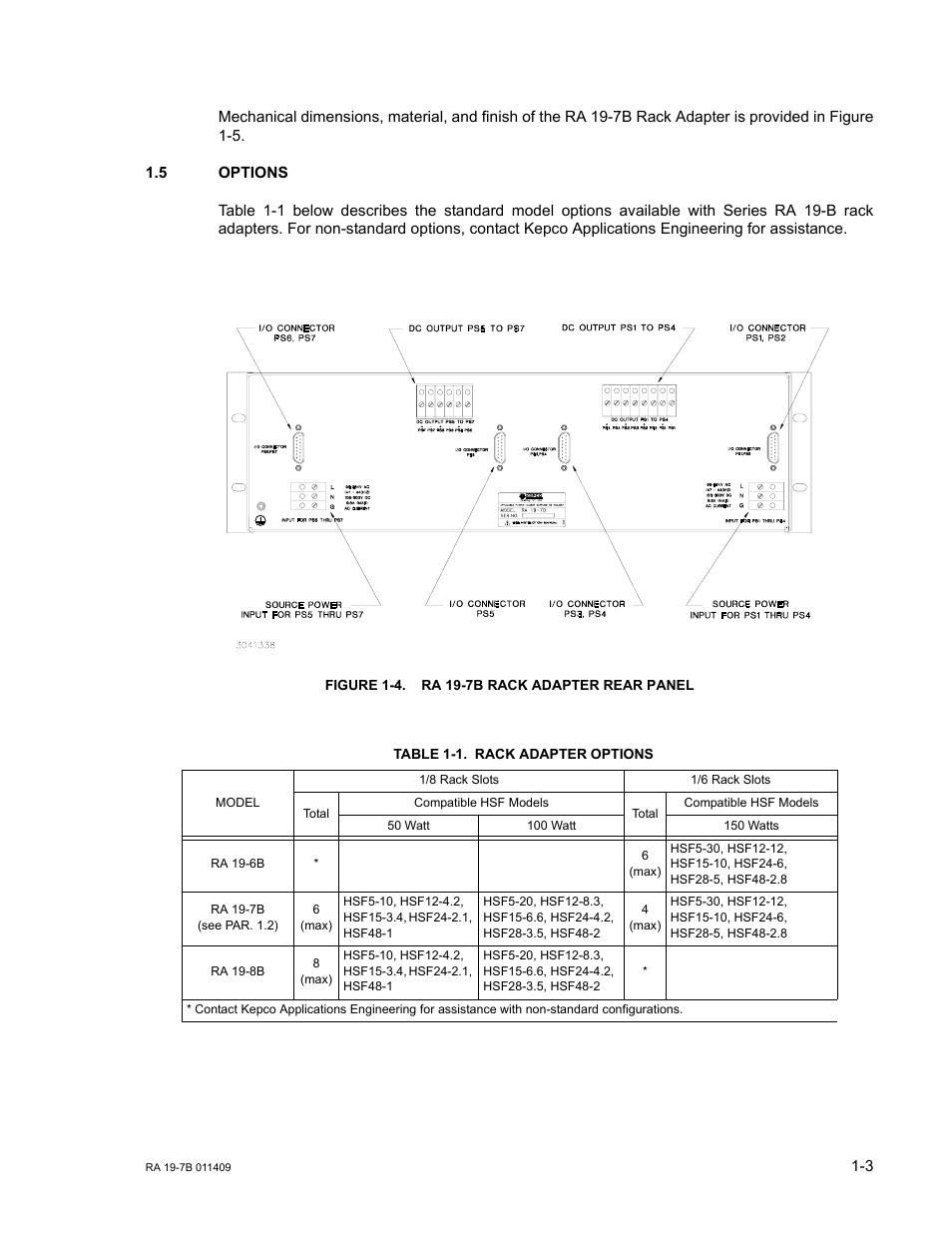 5 options, Figure 1-4. ra 19-7b rack adapter rear panel, Table 1-1. rack adapter options | Options -3, Ra 19-7b rack adapter rear panel -3, Rack adapter options -3, Figure 1-4) distribute | KEPCO RA 19-7B Operator Manual User Manual | Page 9 / 40