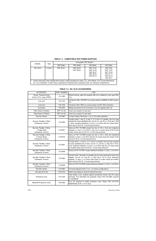 Table 1-1. compatible hsf power supplies, Table 1-2. ra 19-4c accessories (continued), Compatible hsf power supplies -4 | Ra 19-4c accessories -4 | KEPCO RA 19-4C Operator Manual User Manual | Page 12 / 56