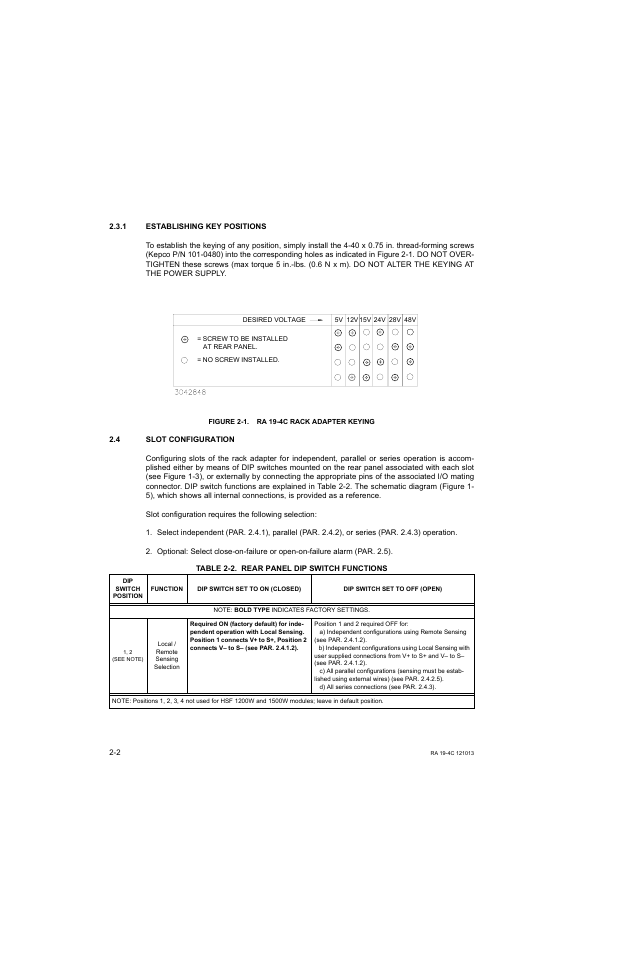 1 establishing key positions, Figure 2-1. ra 19-4c rack adapter keying, 4 slot configuration | Establishing key positions -2, Slot configuration -2, Ra 19-4c rack adapter keying -2, Rear panel dip switch functions -2 | KEPCO RA 19-4C Operator Manual User Manual | Page 20 / 56