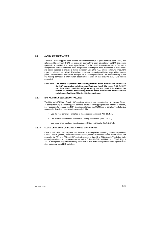 5 alarm configurations, 1 n.o. alarm line (close on failure), 1 close on failure using rear panel dip switches | Alarm configurations -21, N.o. alarm line (close on failure) -21, Close on failure using rear panel dip switches -21, Ar. 2.5), R. 2.5.1), R. 2.5 | KEPCO RA 19-4C Operator Manual User Manual | Page 39 / 56