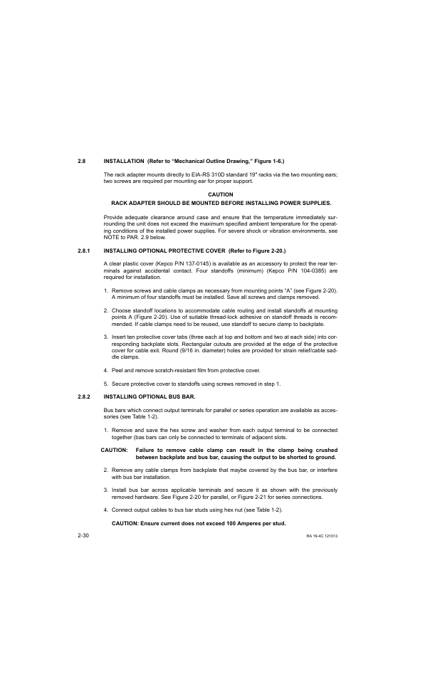 8 installation, 1 installing optional protective cover, 2 installing optional bus bar | Installation -30, Installing optional protective cover -30, Installing optional bus bar -30 | KEPCO RA 19-4C Operator Manual User Manual | Page 48 / 56