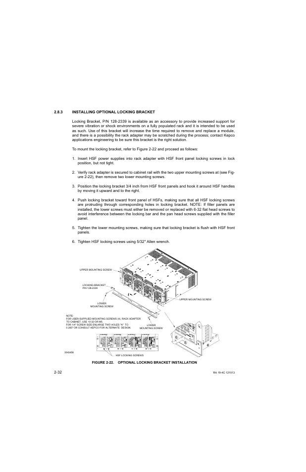 3 installing optional locking bracket, Figure 2-22. optional locking bracket installation, Installing optional locking bracket -32 | 22 optional locking bracket installation -32 | KEPCO RA 19-4C Operator Manual User Manual | Page 50 / 56