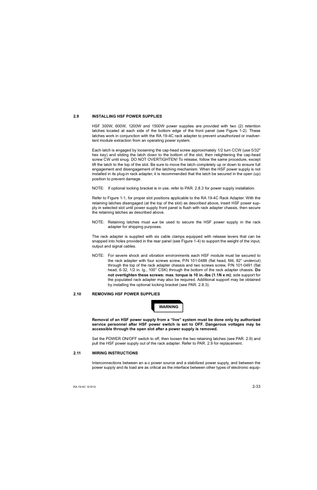 9 installing hsf power supplies, 10 removing hsf power supplies, 11 wiring instructions | Installing hsf power supplies -33, Removing hsf power supplies -33, Wiring instructions -33, R. 2.9 | KEPCO RA 19-4C Operator Manual User Manual | Page 51 / 56