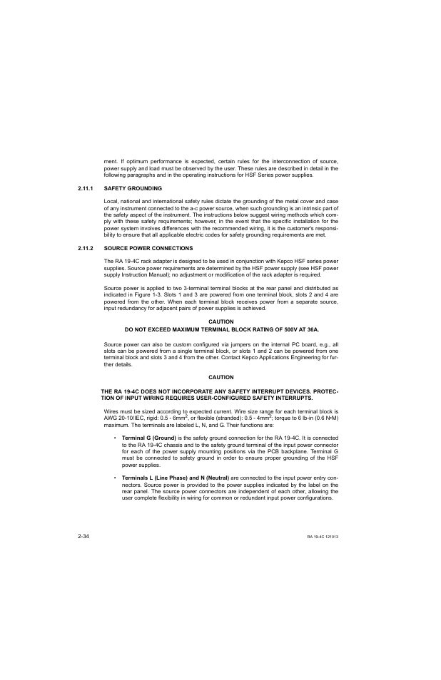 1 safety grounding, 2 source power connections, Safety grounding -34 | Source power connections -34 | KEPCO RA 19-4C Operator Manual User Manual | Page 52 / 56