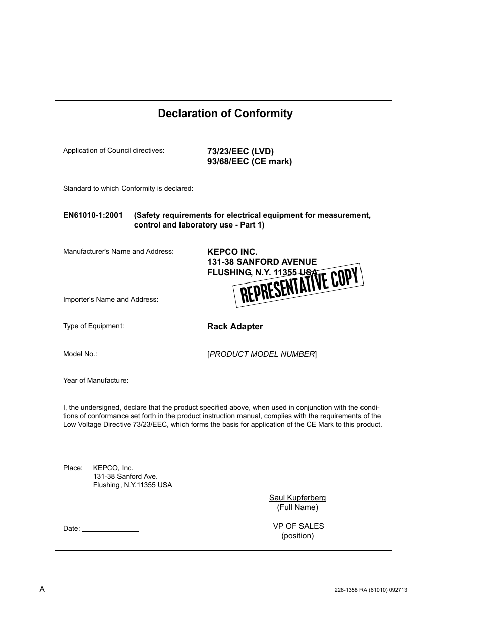 Represent ative cop y, Declaration of conformity | KEPCO RA 55 User Manual | Page 2 / 14