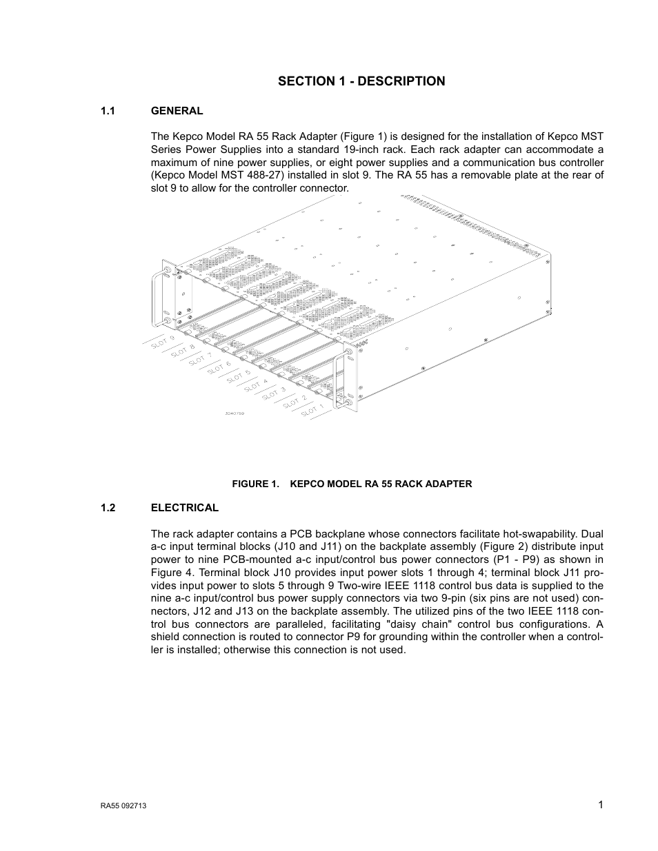 Section 1 - description, 1 general, Figure 1. kepco model ra 55 rack adapter | 2 electrical, General, Electrical | KEPCO RA 55 User Manual | Page 7 / 14