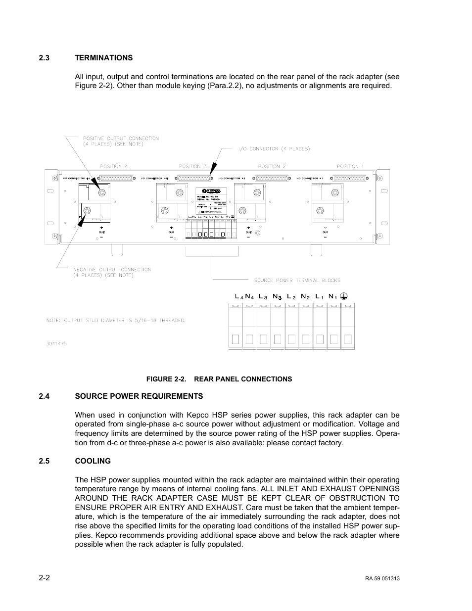 3 terminations, Figure 2-2. rear panel connections, 4 source power requirements | 5 cooling, Terminations -2, Source power requirements -2, Cooling -2, Rear panel connections -2 | KEPCO RA 59 User Manual | Page 12 / 18