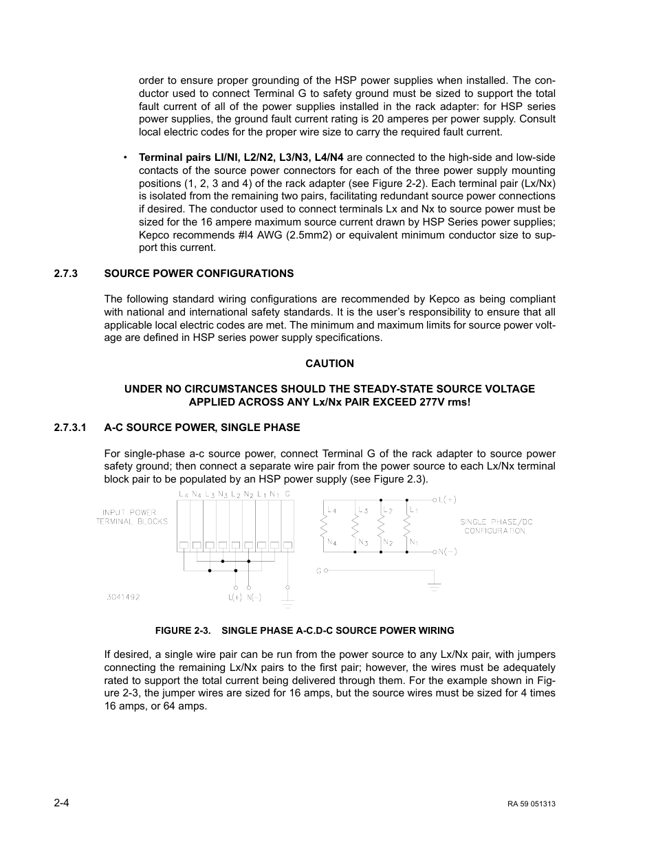 3 source power configurations, 1 a-c source power, single phase, Source power configurations -4 | A-c source power, single phase -4, Single phase a-c.d-c source power wiring -4 | KEPCO RA 59 User Manual | Page 14 / 18