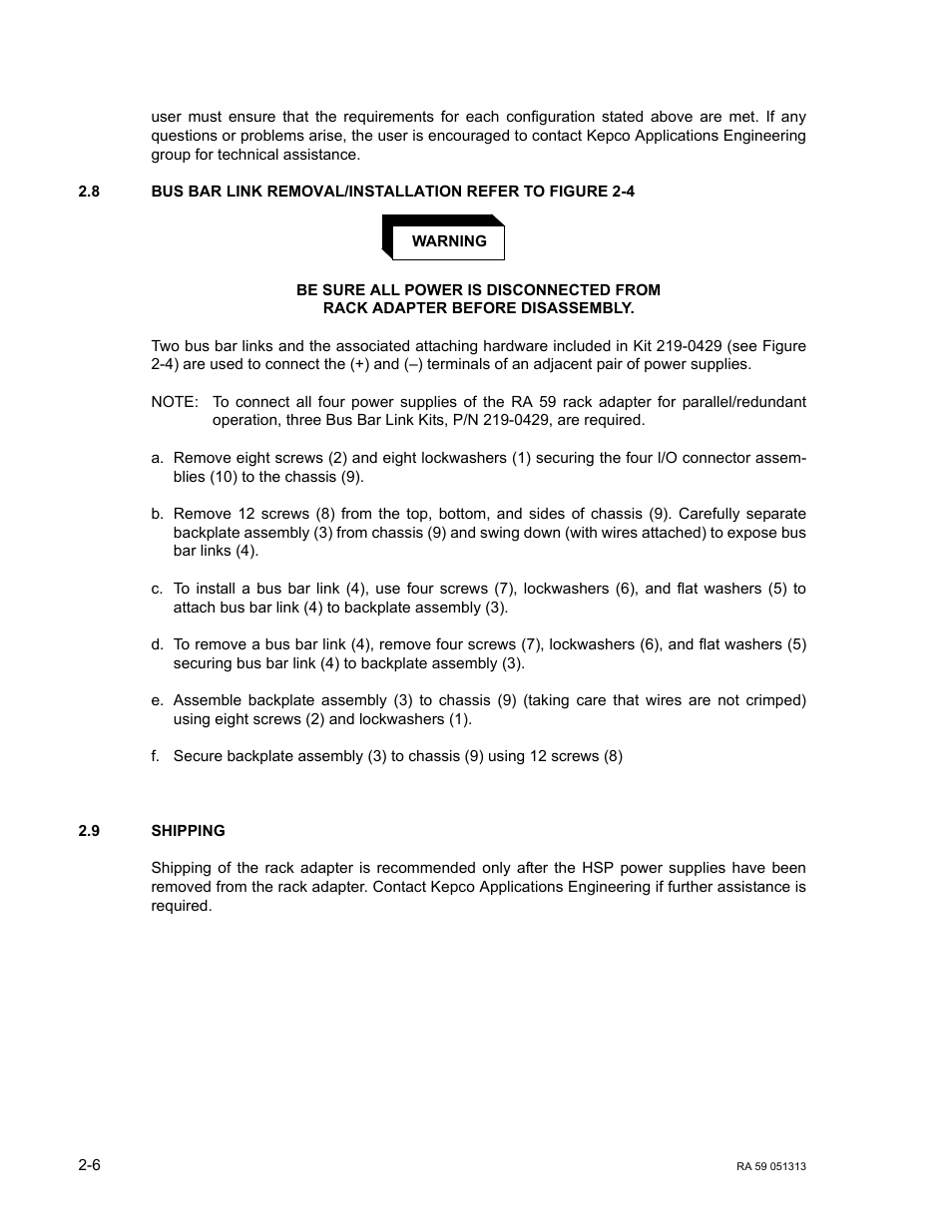 8 bus bar link removal/installation, 9 shipping, Bus bar link removal/installation -6 | Shipping -6, 8 and f | KEPCO RA 59 User Manual | Page 16 / 18