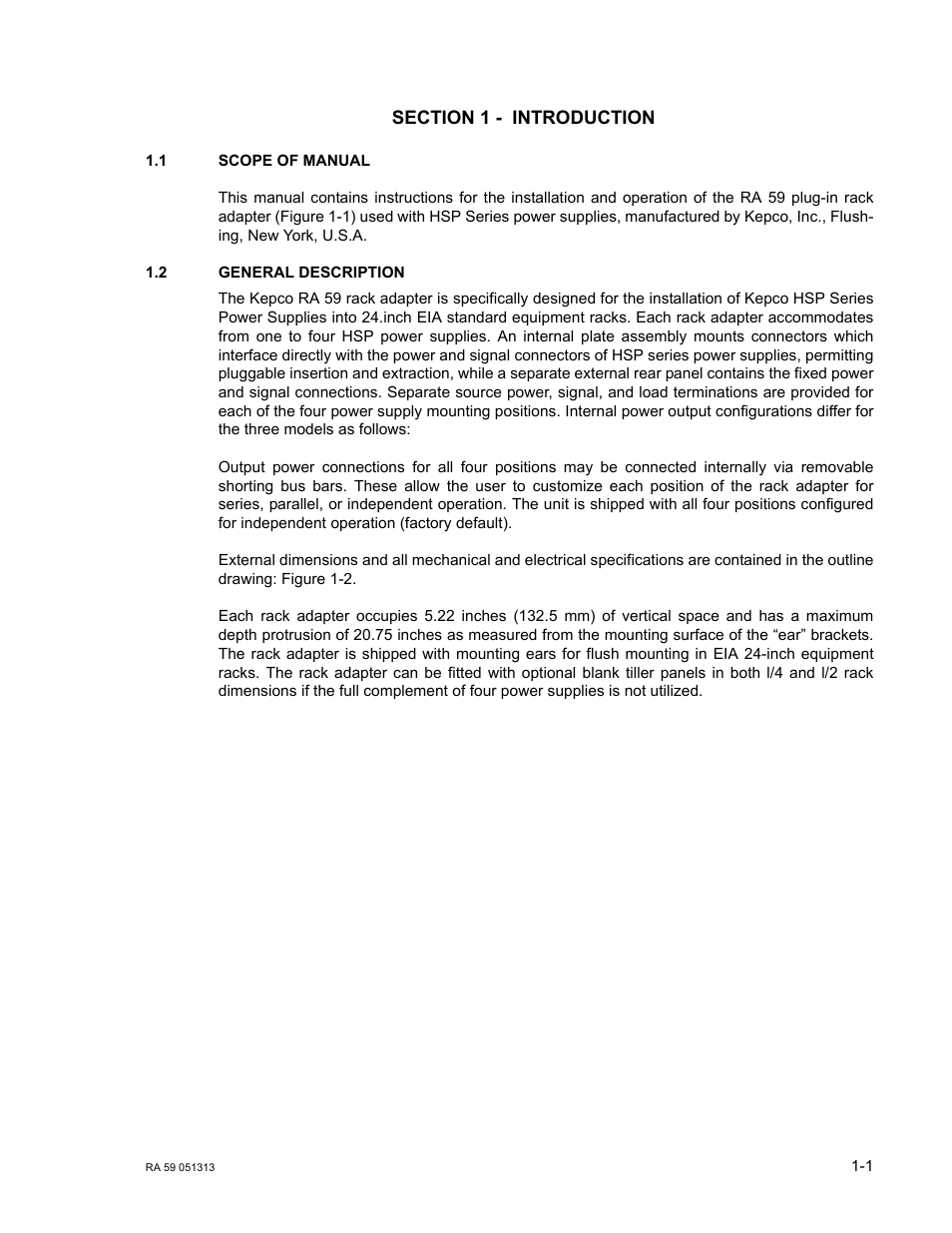 Section 1 - introduction, 1 scope of manual, 2 general description | Scope of manual -1, General description -1 | KEPCO RA 59 User Manual | Page 7 / 18