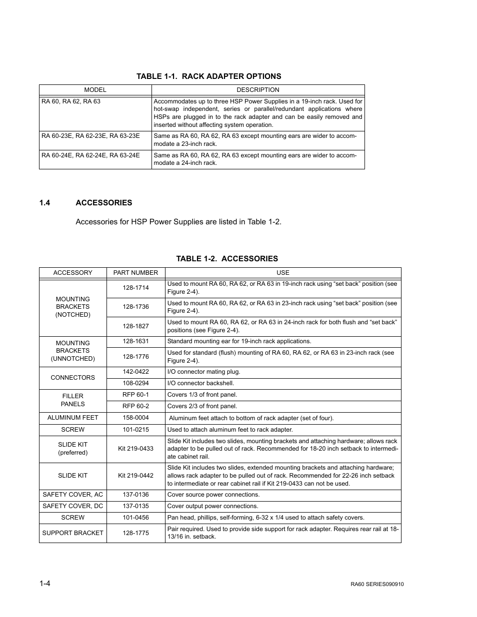 Table 1-1. rack adapter options, 4 accessories, Table 1-2. accessories | Accessories, Rack adapter options -4, Accessories -4 | KEPCO RA 60 Rev 1, 2, 3 User Manual | Page 12 / 24