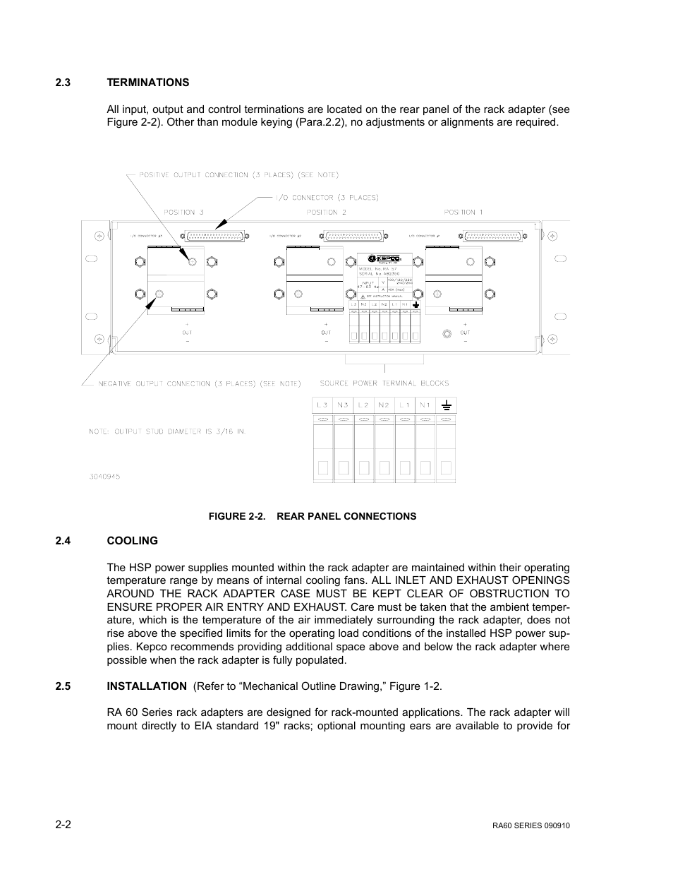 3 terminations, Figure 2-2. rear panel connections, 4 cooling | 5 installation, Terminations, Cooling, Installation, Rear panel connections -2 | KEPCO RA 60 Rev 1, 2, 3 User Manual | Page 14 / 24