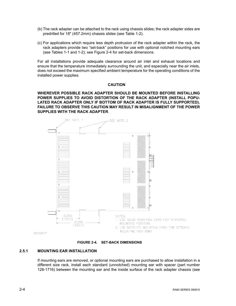 Figure 2-4. set-back dimensions, 1 mounting ear installation, Mounting ear installation | Set-back dimensions -4 | KEPCO RA 60 Rev 1, 2, 3 User Manual | Page 16 / 24