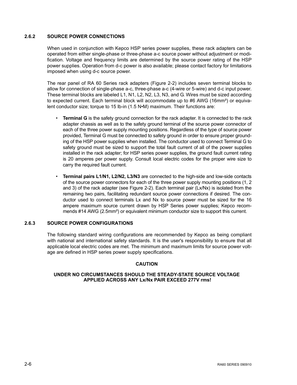 2 source power connections, 3 source power configurations, Source power connections | Source power configurations | KEPCO RA 60 Rev 1, 2, 3 User Manual | Page 18 / 24