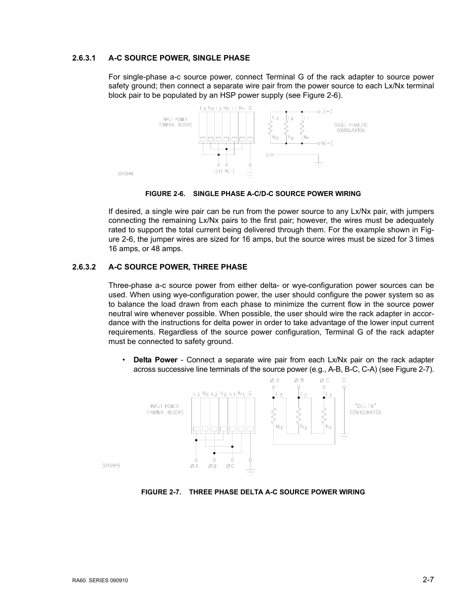 1 a-c source power, single phase, 2 a-c source power, three phase, A-c source power, single phase | A-c source power, three phase, Single phase a-c/d-c source power wiring -7, Three phase delta a-c source power wiring -7 | KEPCO RA 60 Rev 1, 2, 3 User Manual | Page 19 / 24