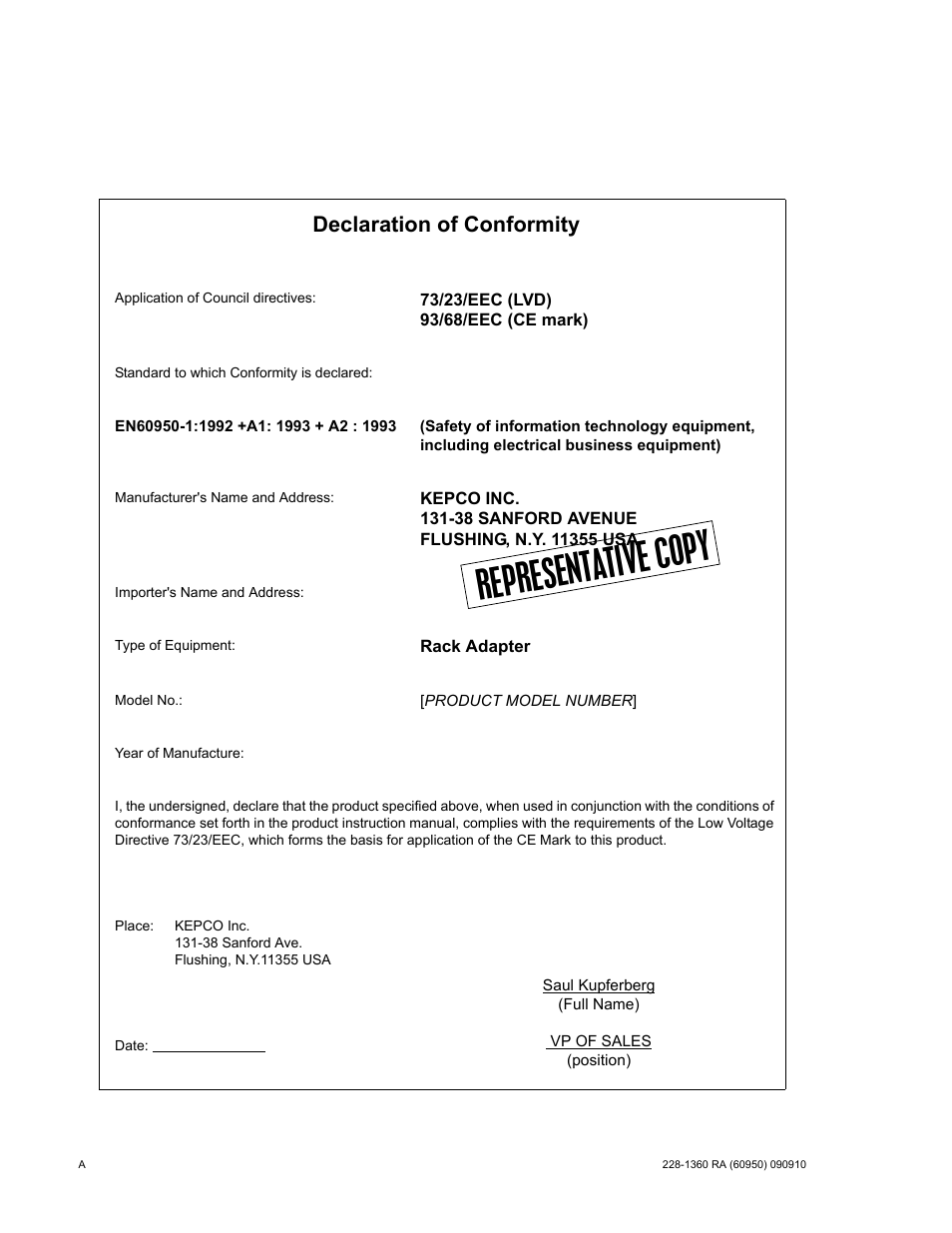 Represent ative cop y, Declaration of conformity | KEPCO RA 60 Rev 1, 2, 3 User Manual | Page 2 / 24
