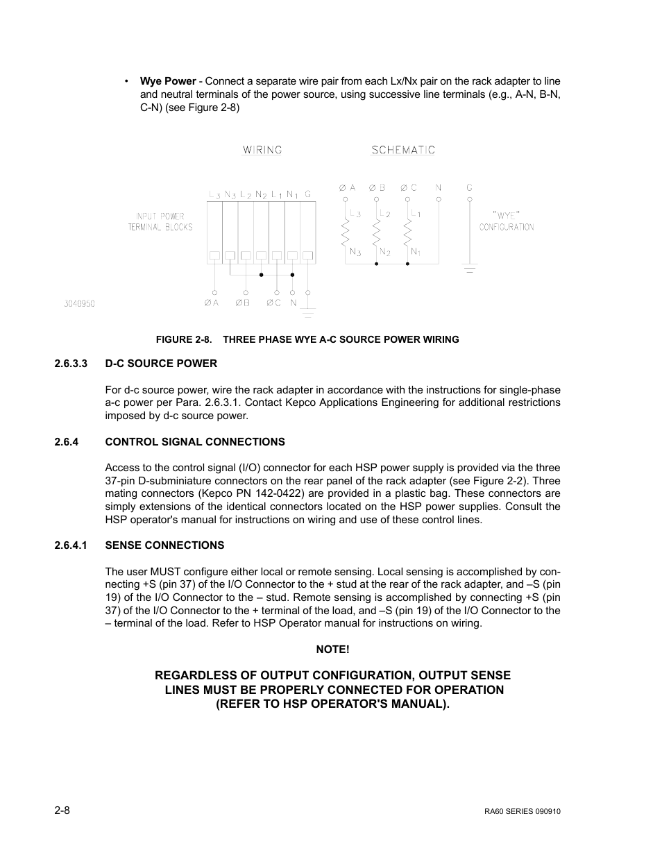 3 d-c source power, 4 control signal connections, 1 sense connections | D-c source power, Control signal connections, Sense connections, Three phase wye a-c source power wiring -8 | KEPCO RA 60 Rev 1, 2, 3 User Manual | Page 20 / 24