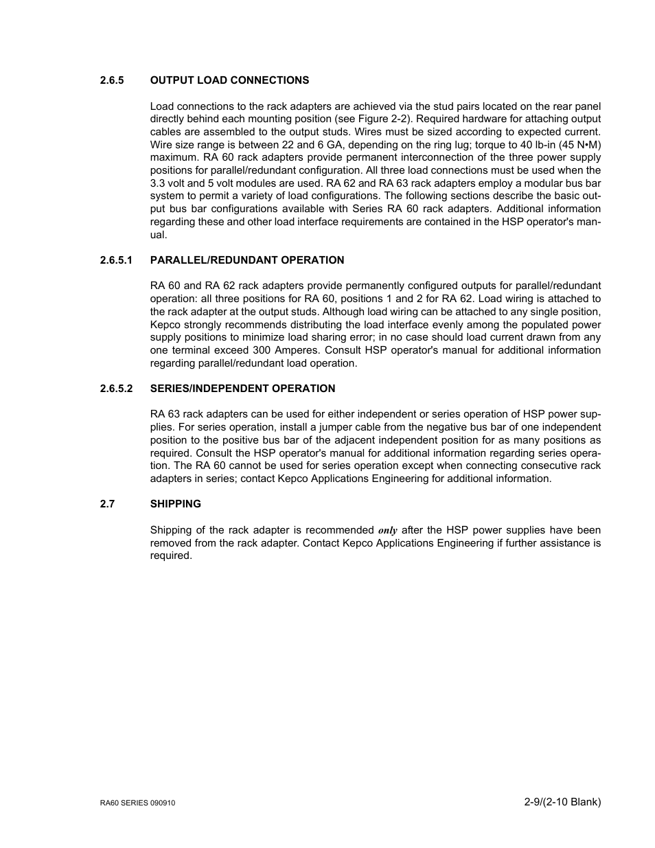 5 output load connections, 1 parallel/redundant operation, 2 series/independent operation | 7 shipping, Output load connections, Parallel/redundant operation, Series/independent operation, Shipping | KEPCO RA 60 Rev 1, 2, 3 User Manual | Page 21 / 24