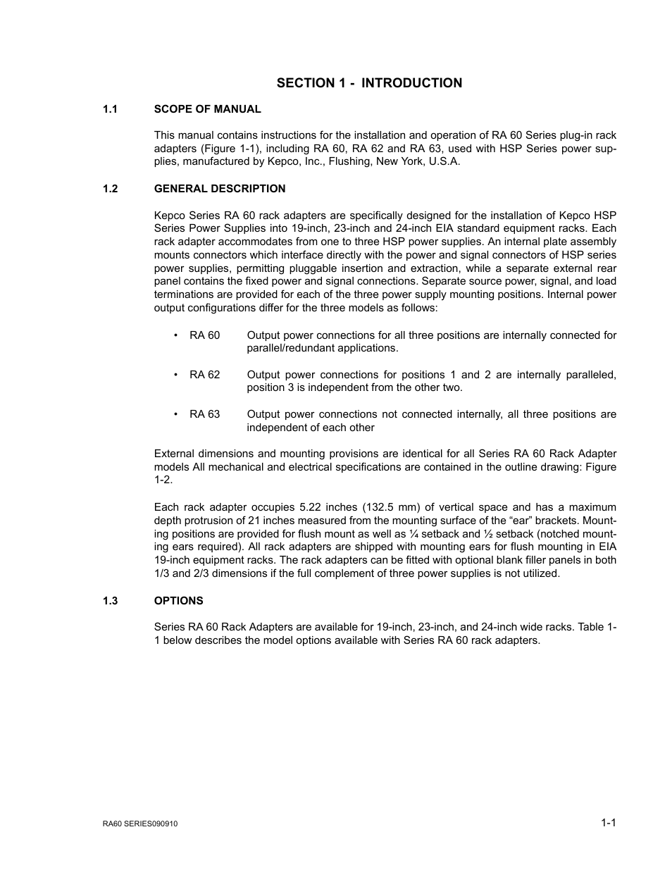 Section 1 - introduction, 1 scope of manual, 2 general description | 3 options, Scope of manual, General description, Options | KEPCO RA 60 Rev 1, 2, 3 User Manual | Page 9 / 24
