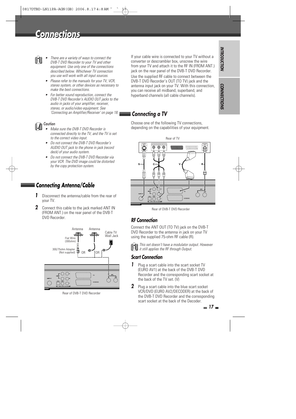 Connections, Connecting a tv, Connecting antenna/cable | Rf connection, Scart connection 1 | Daewoo DRT-10 User Manual | Page 18 / 57