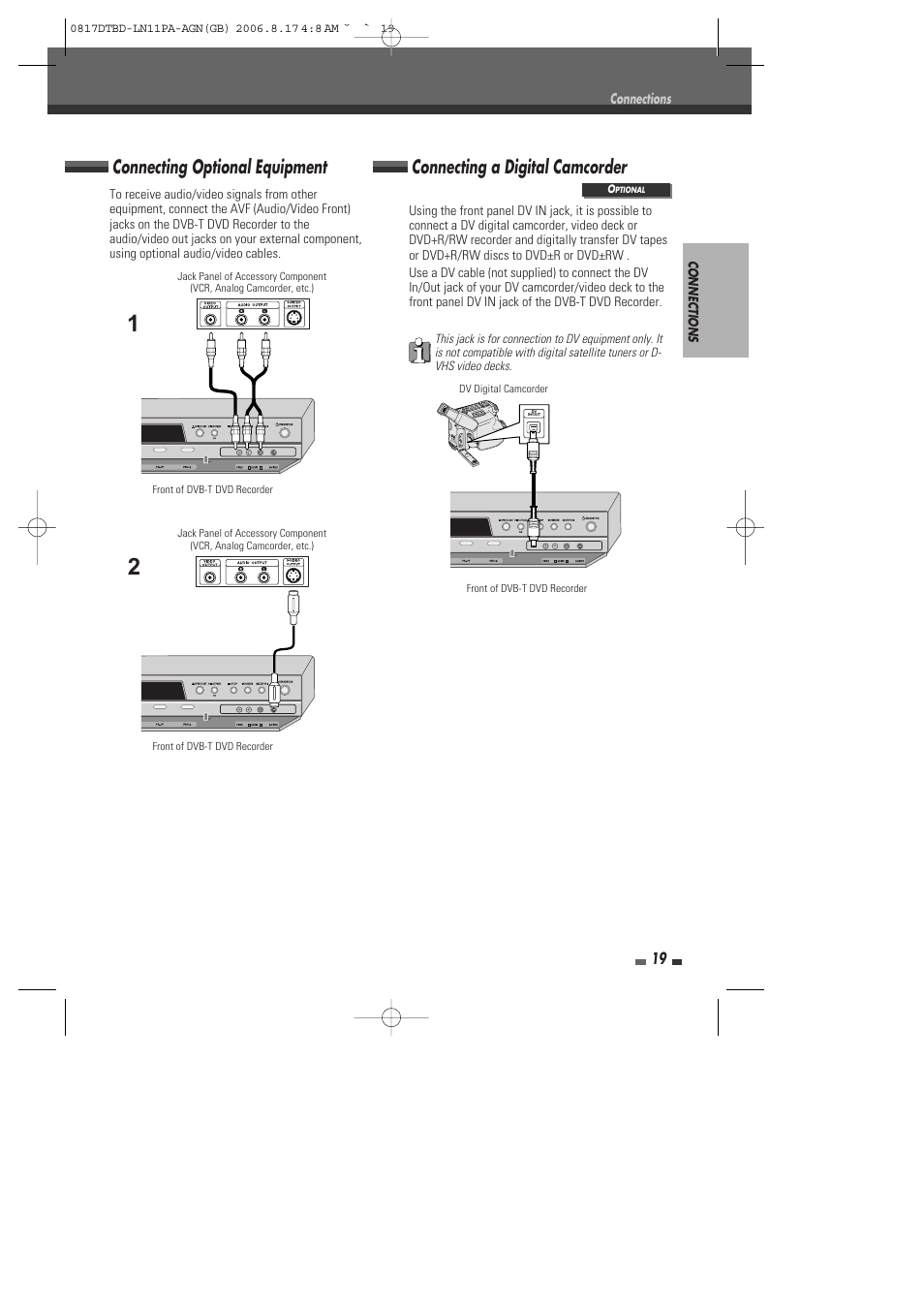 Connecting optional equipment, Connecting a digital camcorder | Daewoo DRT-10 User Manual | Page 20 / 57