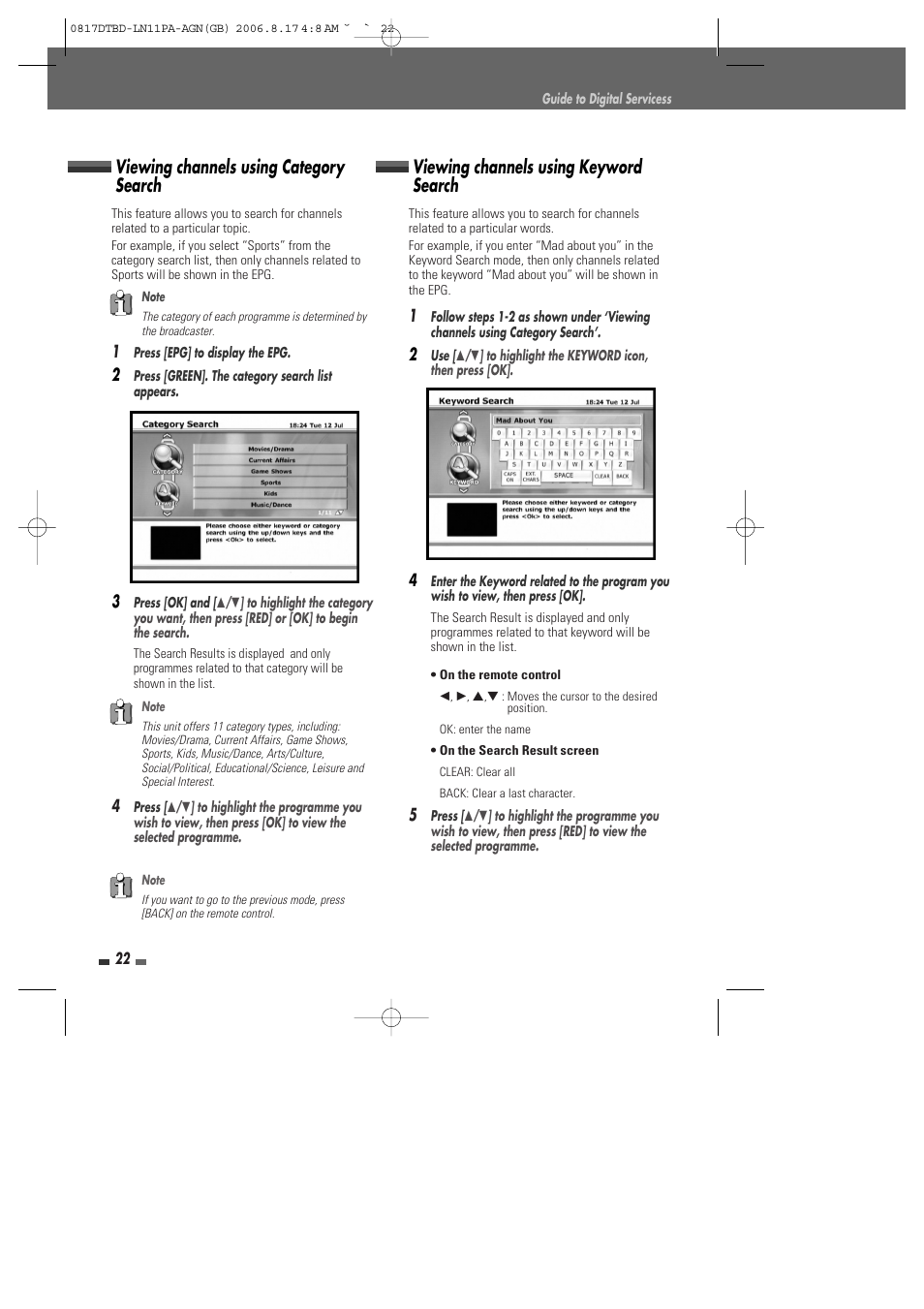 Viewing channels using category search, Viewing channels using keyword search | Daewoo DRT-10 User Manual | Page 23 / 57