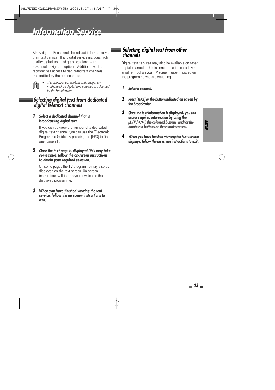 Information service, Selecting digital text from other channels | Daewoo DRT-10 User Manual | Page 24 / 57