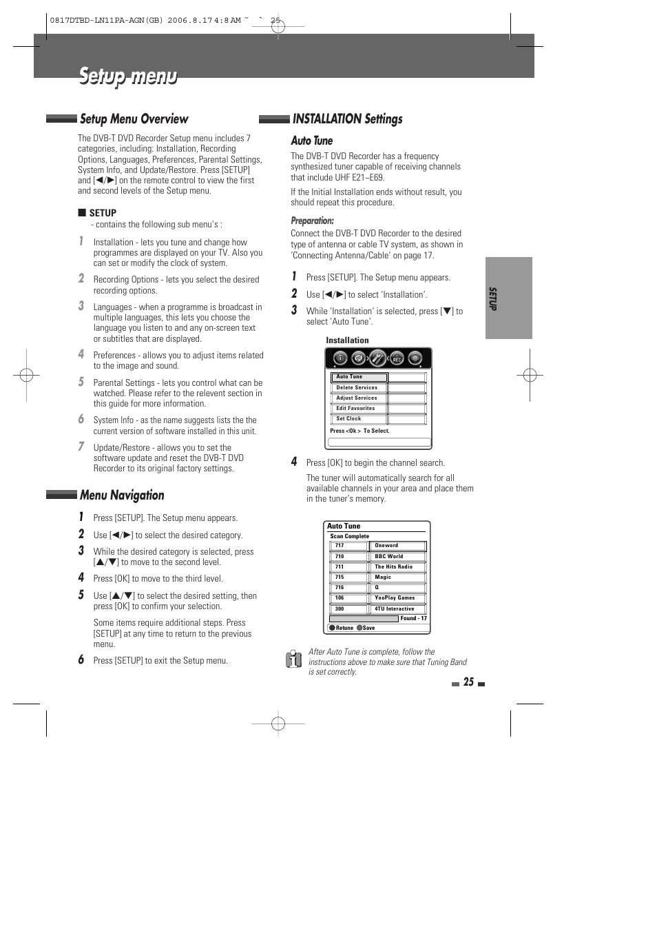 Setup menu, Setup menu overview, Menu navigation | Installation settings, Auto tune | Daewoo DRT-10 User Manual | Page 26 / 57