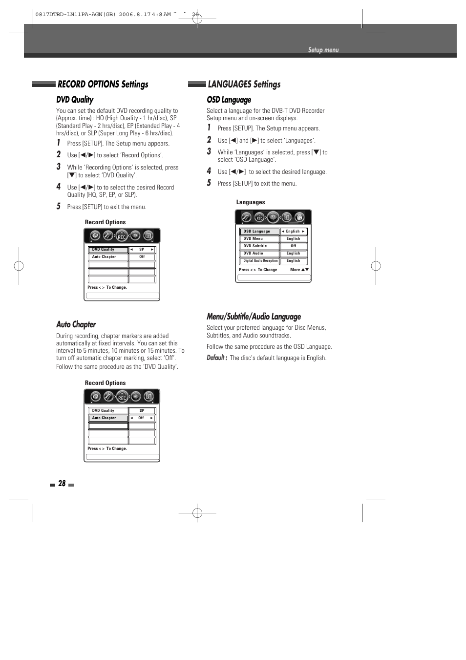 Record options settings, Languages settings, Dvd quality | Auto chapter, Osd language, Menu/subtitle/audio language | Daewoo DRT-10 User Manual | Page 29 / 57