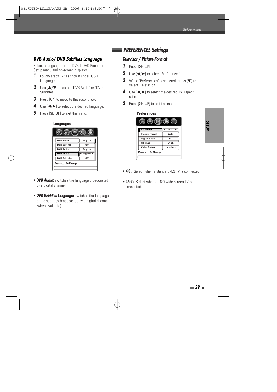 Preferences settings, Dvb audio/ dvd subtitles language, Televison/ picture format 1 | Daewoo DRT-10 User Manual | Page 30 / 57