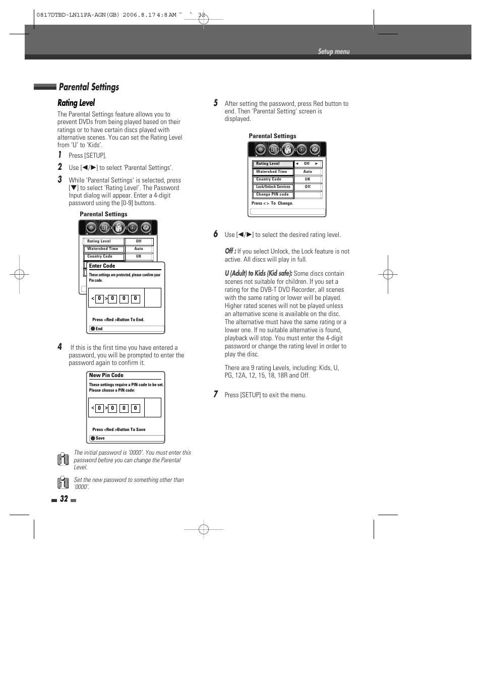 Parental settings, Rating level | Daewoo DRT-10 User Manual | Page 33 / 57