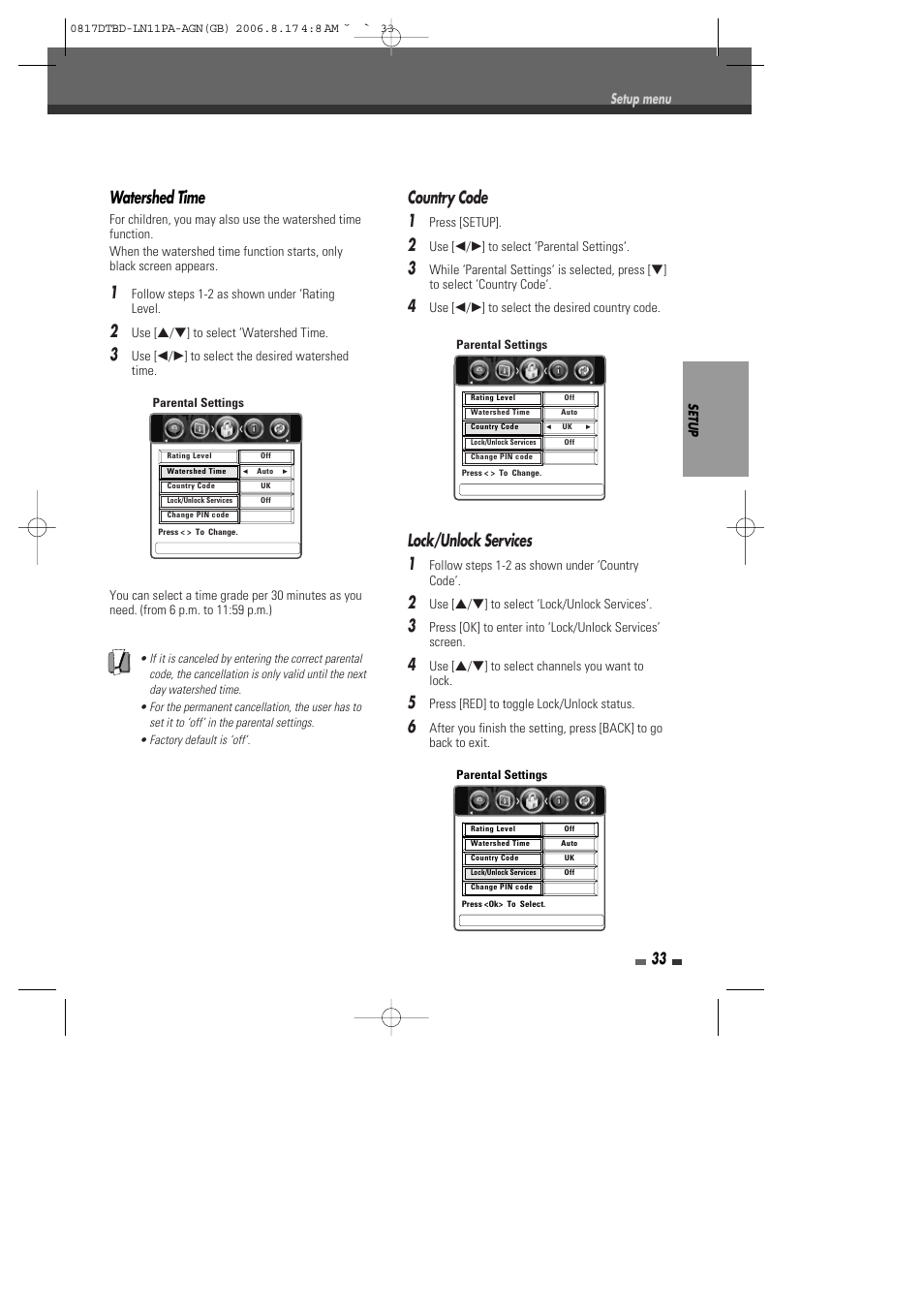 Watershed time, Lock/unlock services 1, Country code 1 | Daewoo DRT-10 User Manual | Page 34 / 57