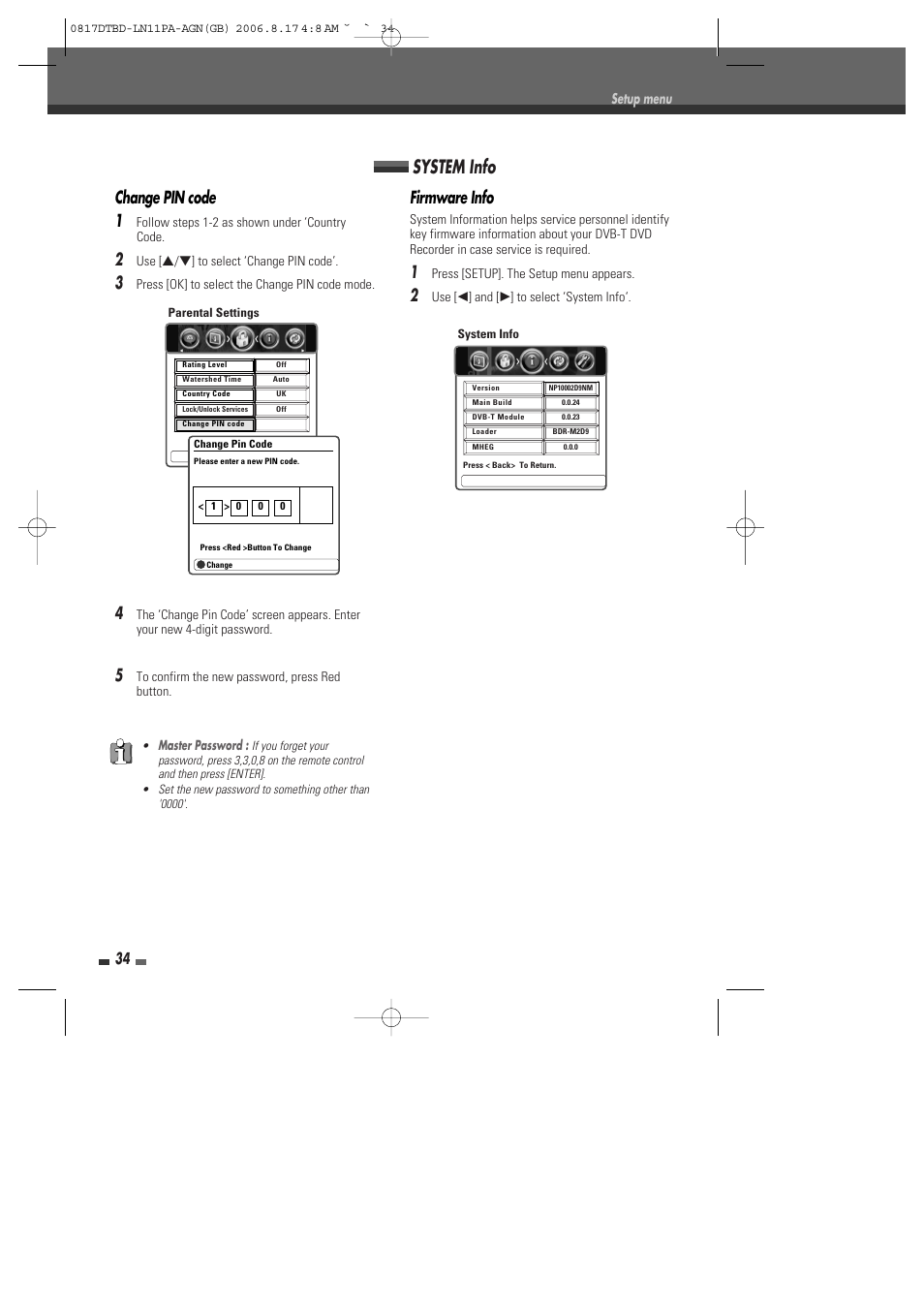 System info, Change pin code 1, Firmware info | Daewoo DRT-10 User Manual | Page 35 / 57