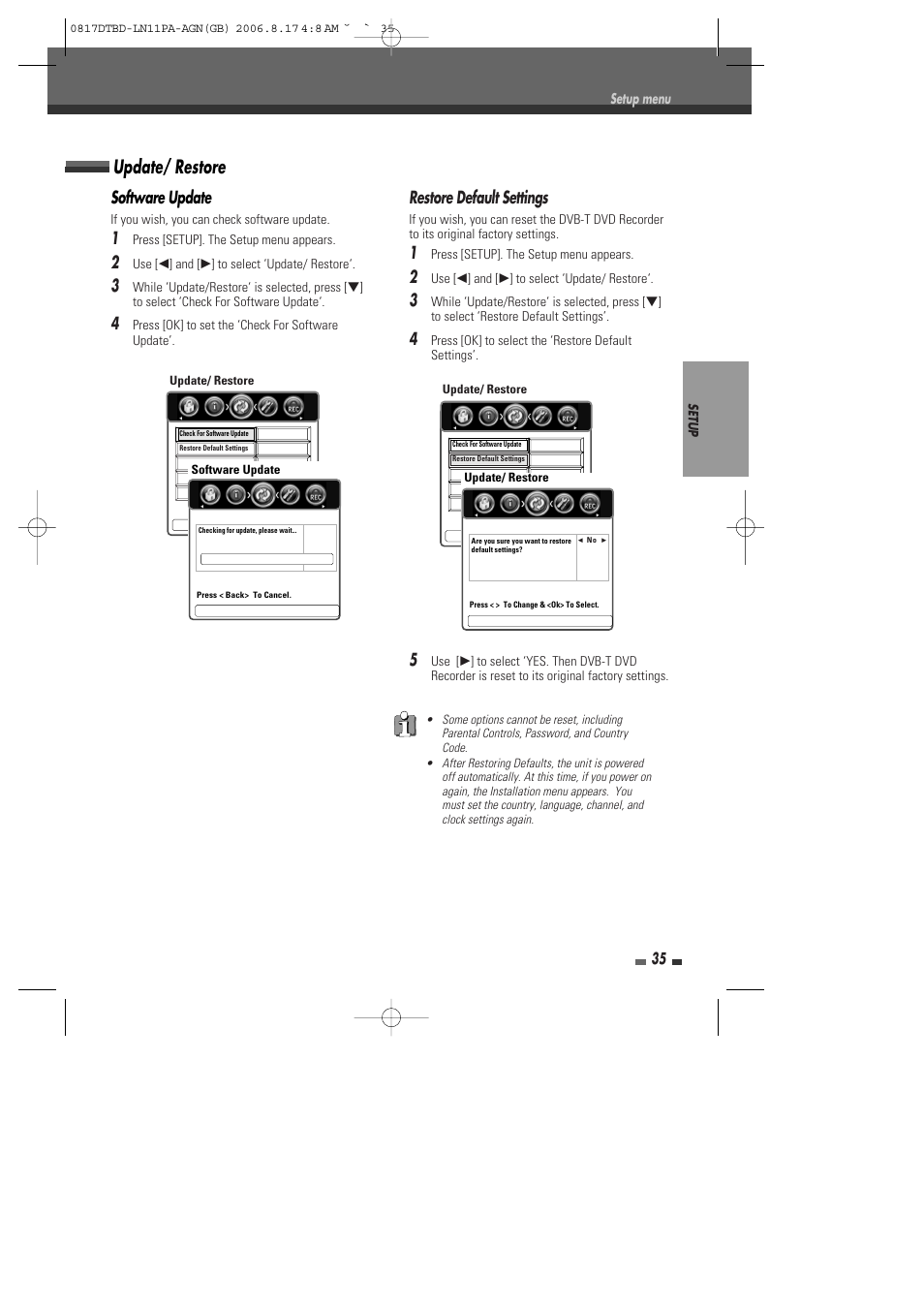 Update/ restore, Software update, Restore default settings | Daewoo DRT-10 User Manual | Page 36 / 57