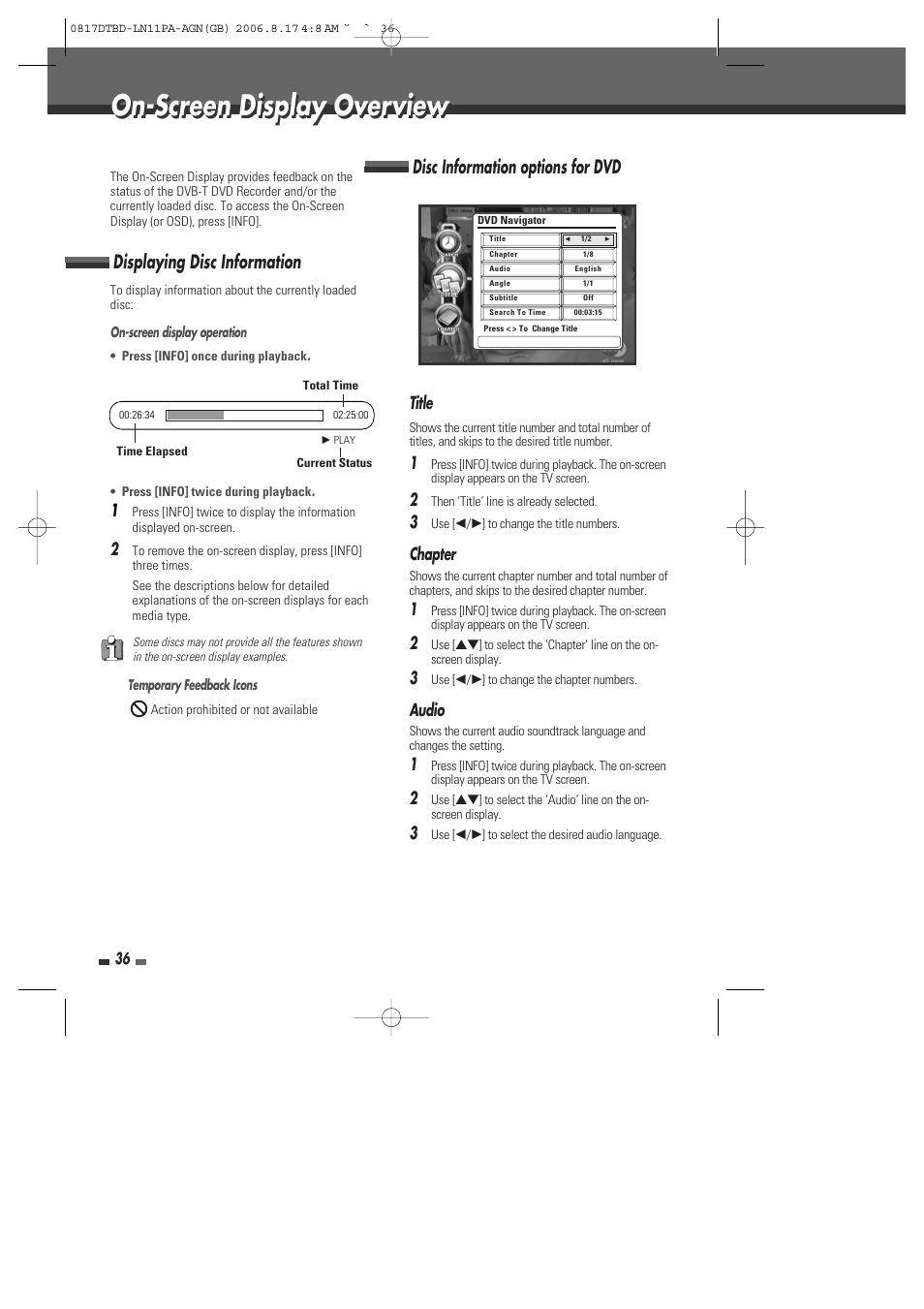 On-screen display overview, Displaying disc information, Disc information options for dvd | Title, Chapter, Audio | Daewoo DRT-10 User Manual | Page 37 / 57