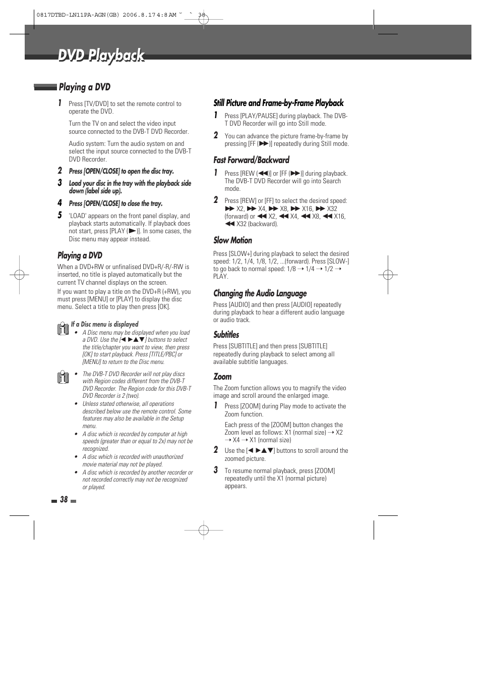 Dvd playback, Playing a dvd | Daewoo DRT-10 User Manual | Page 39 / 57