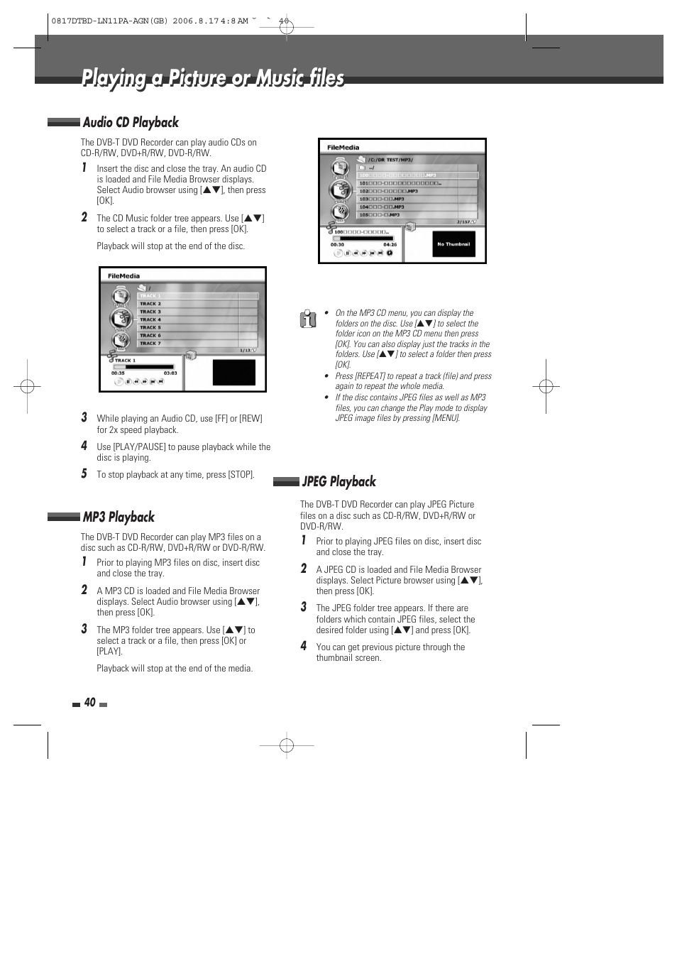 Playing a picture or music files, Audio cd playback mp3 playback, Jpeg playback | Daewoo DRT-10 User Manual | Page 41 / 57