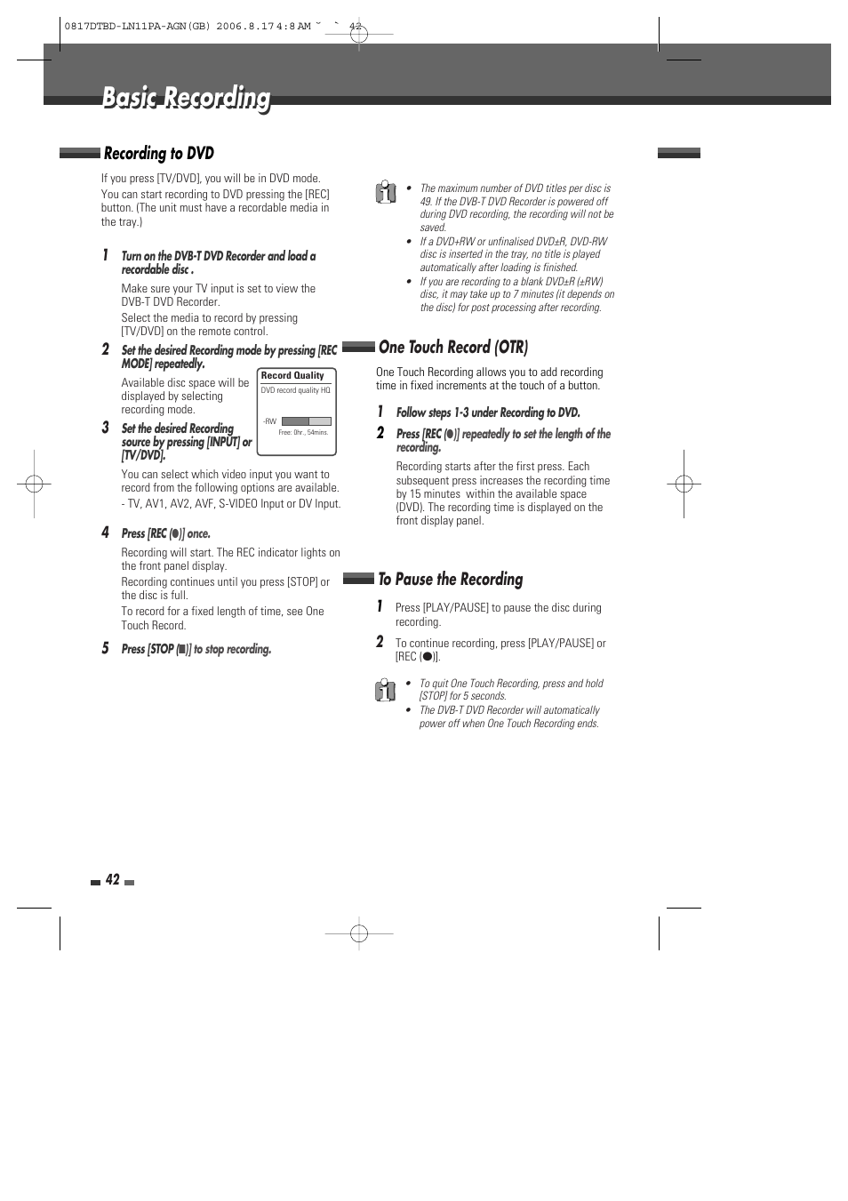 Basic recording, Recording to dvd, One touch record (otr) | Daewoo DRT-10 User Manual | Page 43 / 57