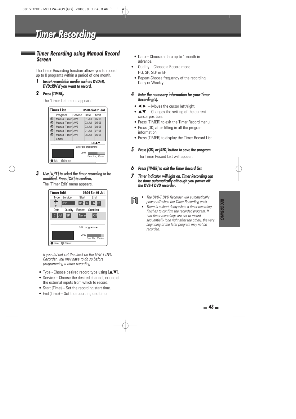 Timer recording, Timer recording using manual record screen | Daewoo DRT-10 User Manual | Page 44 / 57